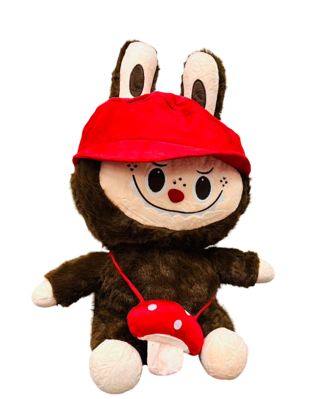 PELÚCIA LABUBU 40 CM COM CHAPÉU E BOLSA DE COGUMELO