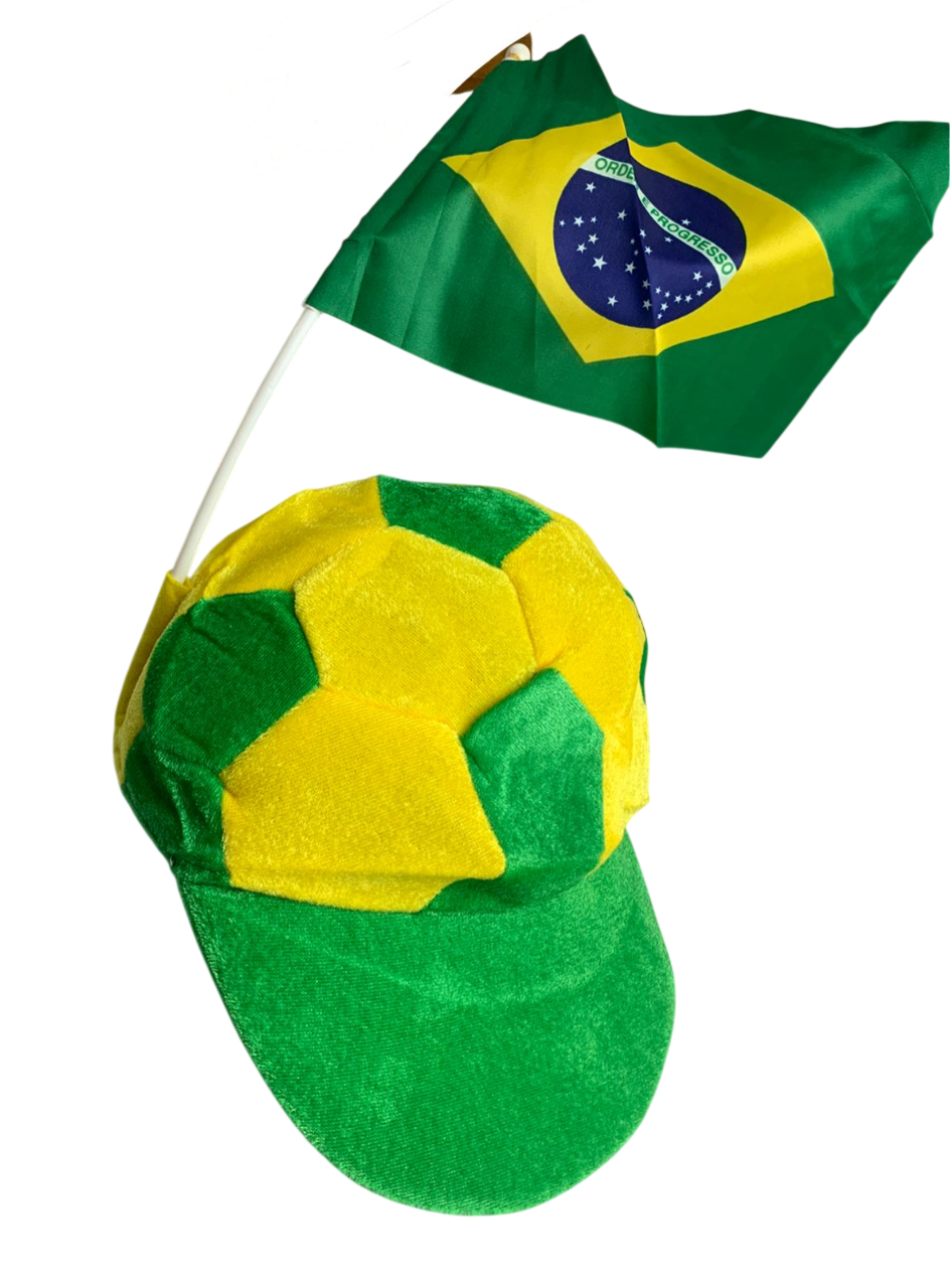 Boné Torcedor Brasil com Bandeira – Verde e Amarelo Divertido