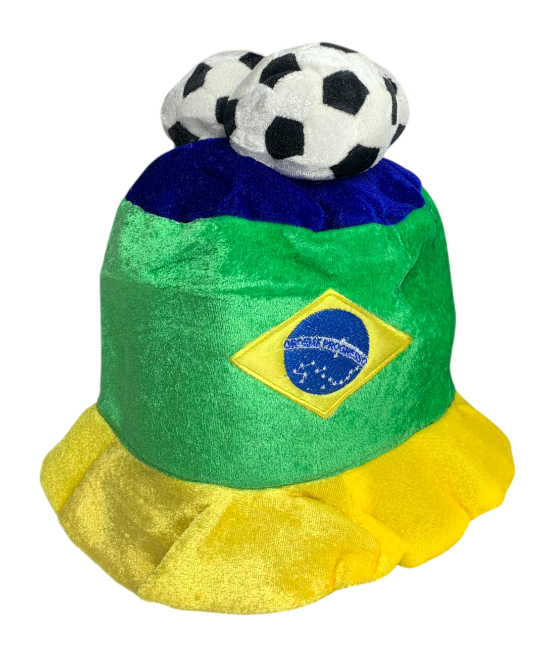 Chapéu Torcedor Brasil com Bolas de Futebol – Fantasia Verde e Amarela Divertida