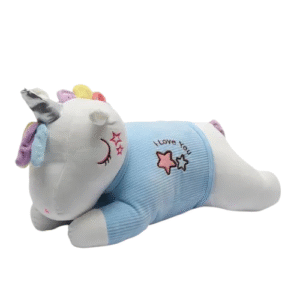 Pelúcia Unicórnio Dorminhoco com Roupa Azul – Modelo Deitado